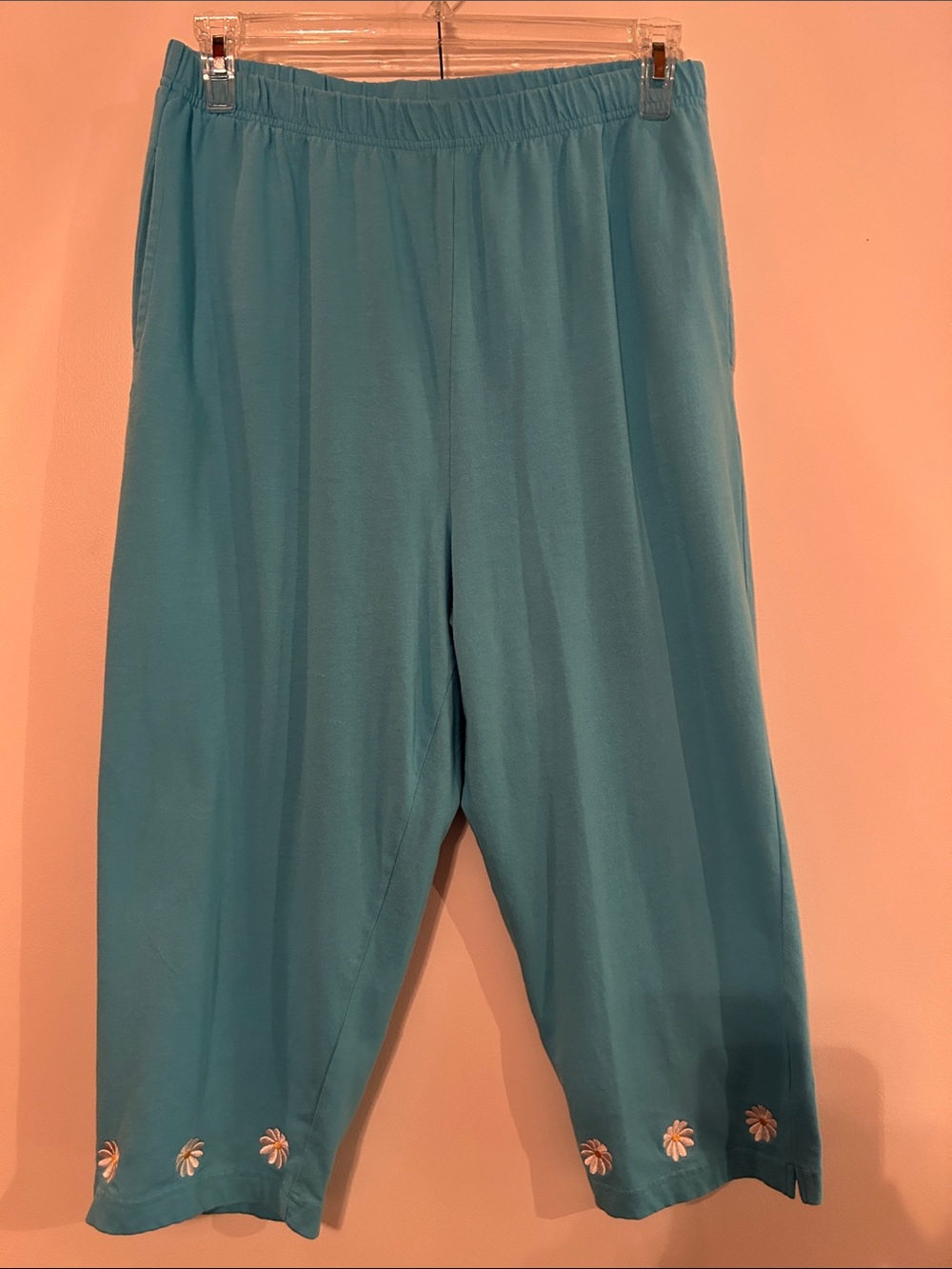 the Quaker Factory  Teal Elastic Waist Embroidered Hem Capri Pants